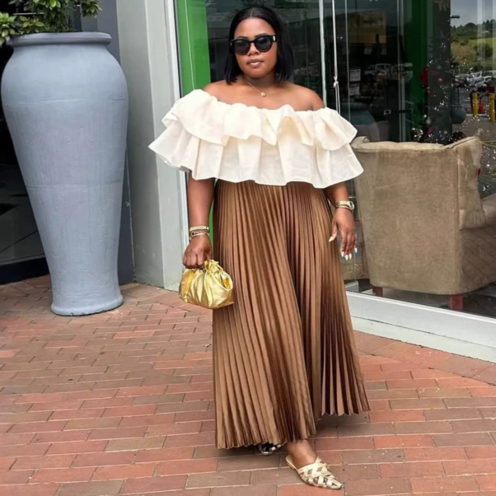 ZARA Sexy Off Shoulder Ruffle Crop Top Pleated Skirt African Style Set